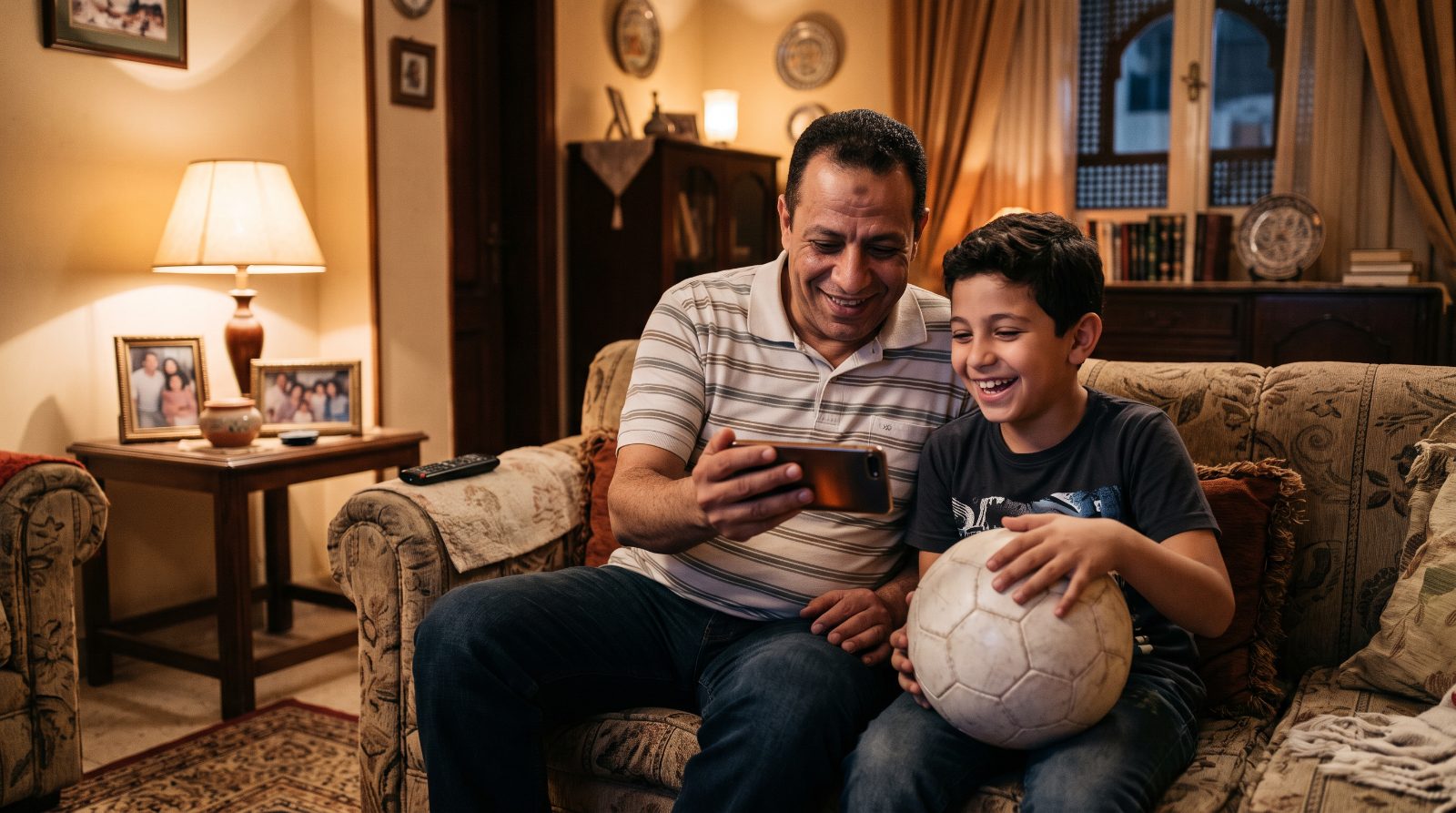 أب وابنه على الكنبة بيبصوا على الموبايل والابن ماسك كورة