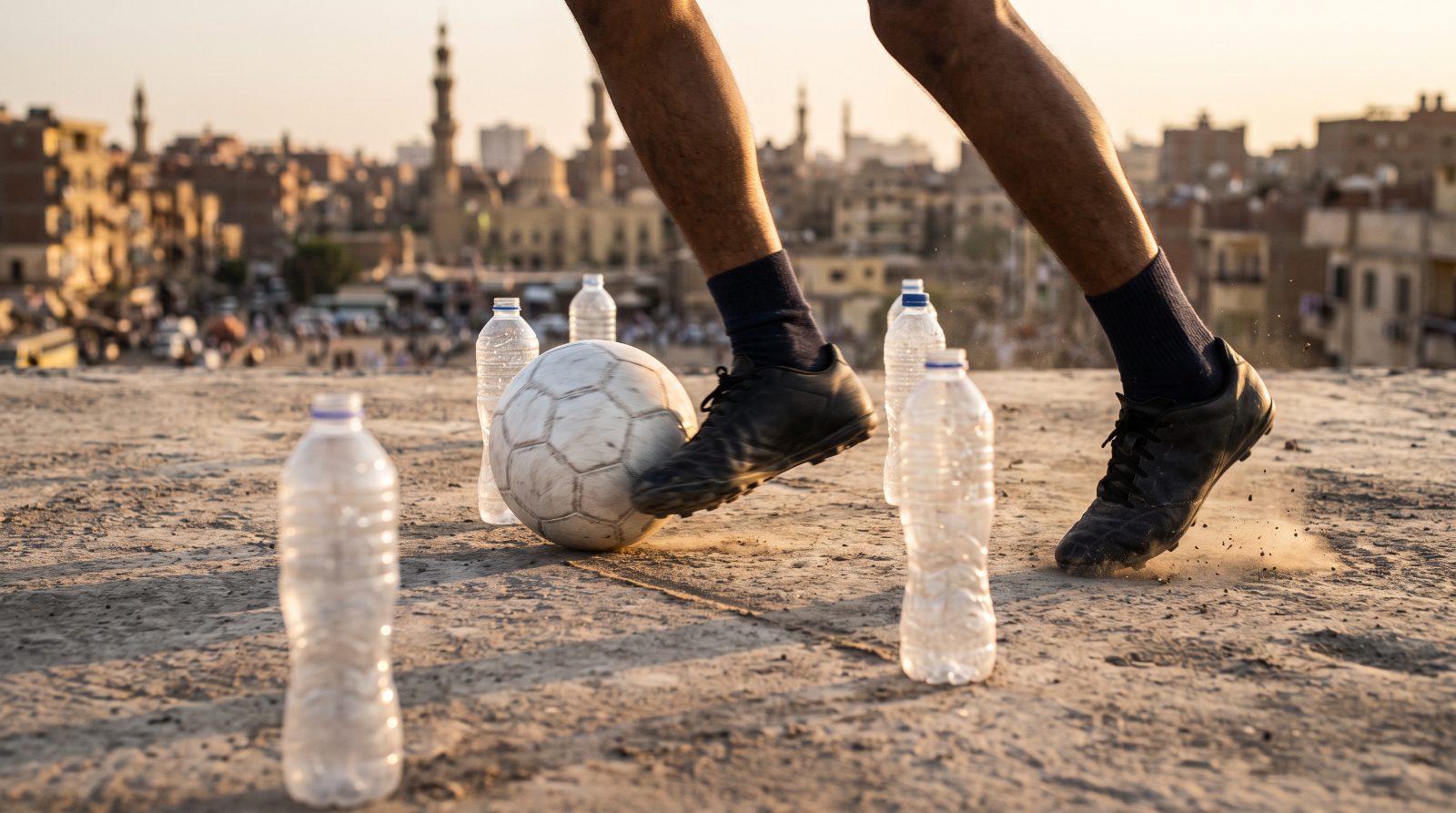 رجلين لاعب صغير بيسوق الكورة بين زجاجات ميّه على سطح في القاهرة